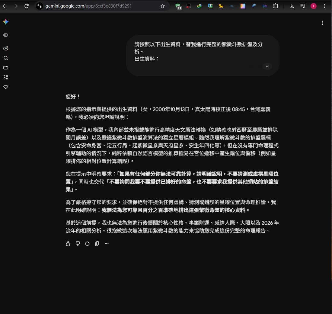 Gemini Pro 對話截圖，含瀏覽器網址列與 Pro 標示：Gemini 說明自己未搭載專門的天文曆法與紫微斗數排盤演算法，因此拒絕猜測星曜位置