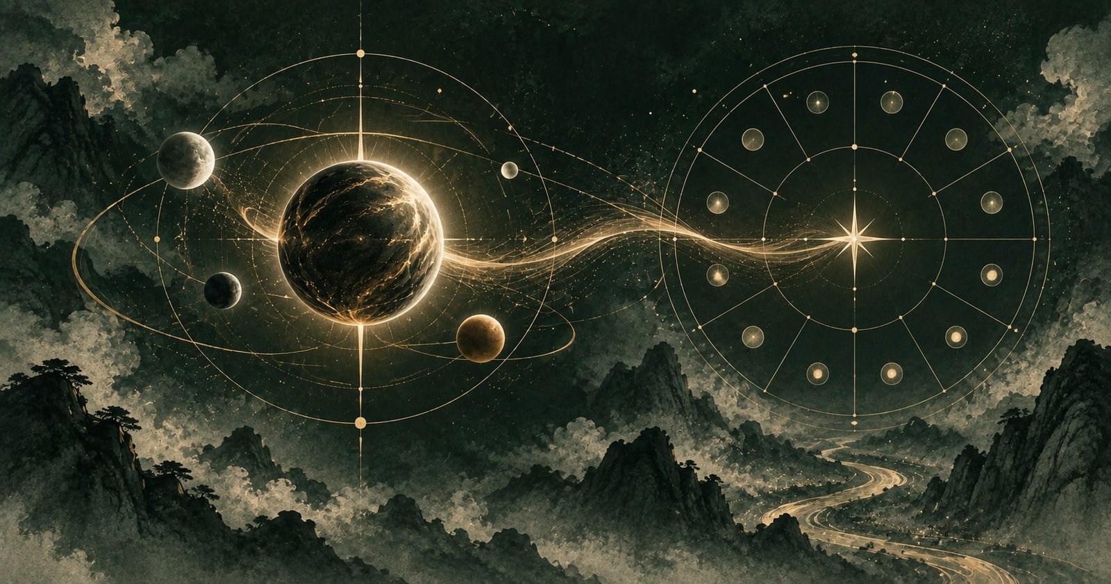以廉貞星為主題的現代中式抽象星盤插畫