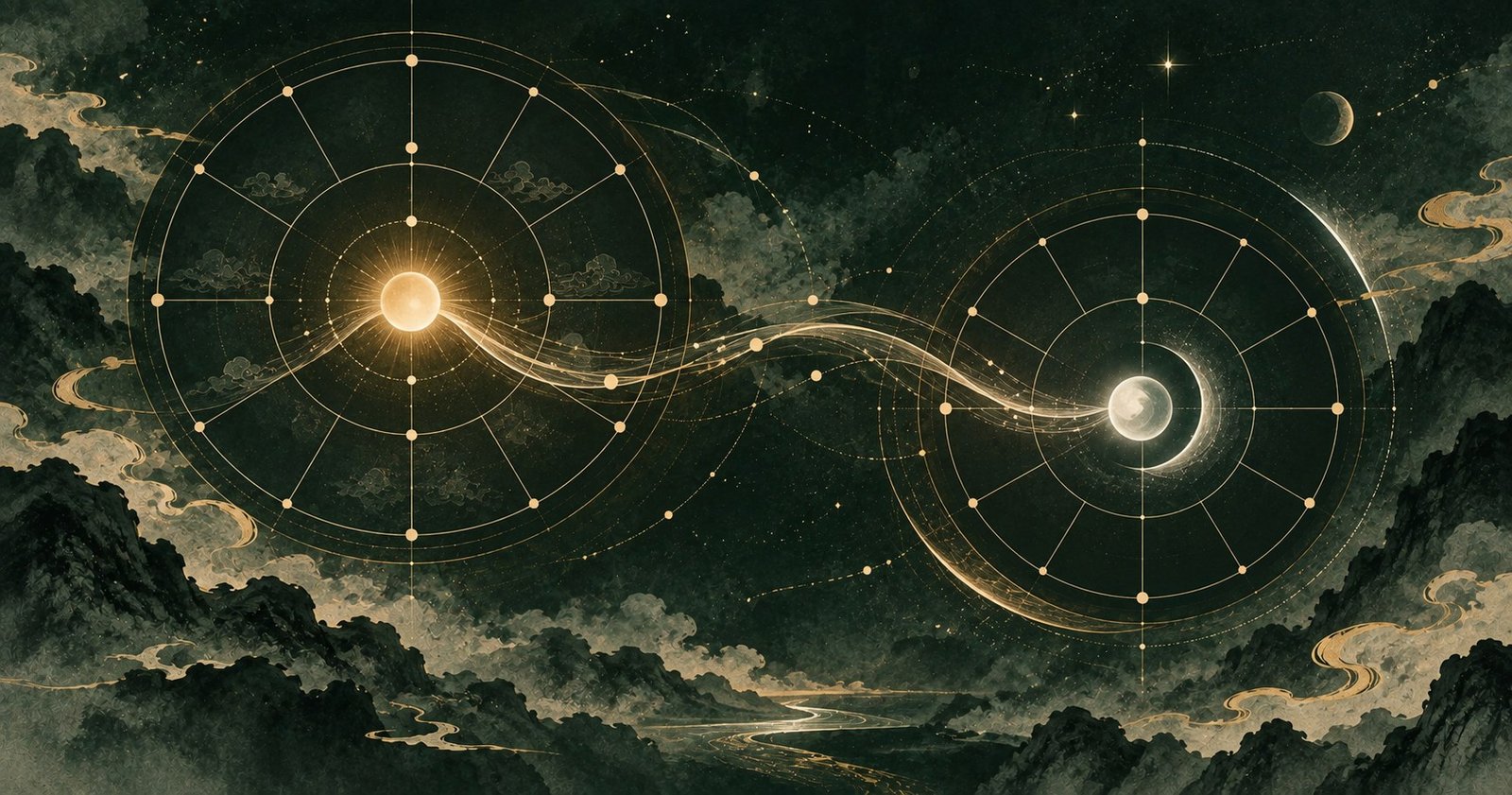 以命宮身宮差別為主題的現代中式抽象星盤插畫