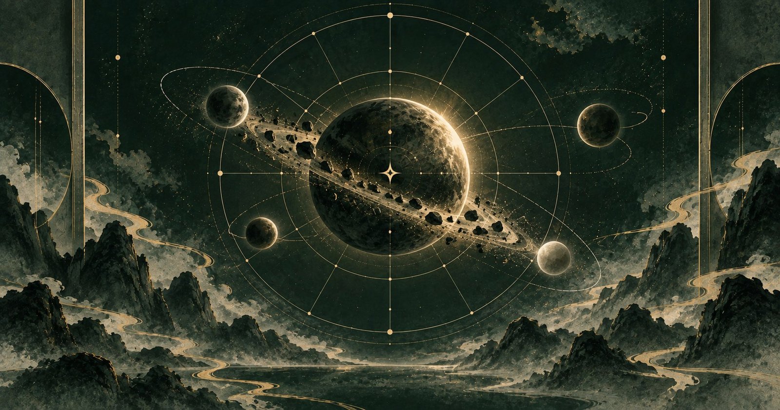 以七殺星為主題的現代中式抽象星盤插畫