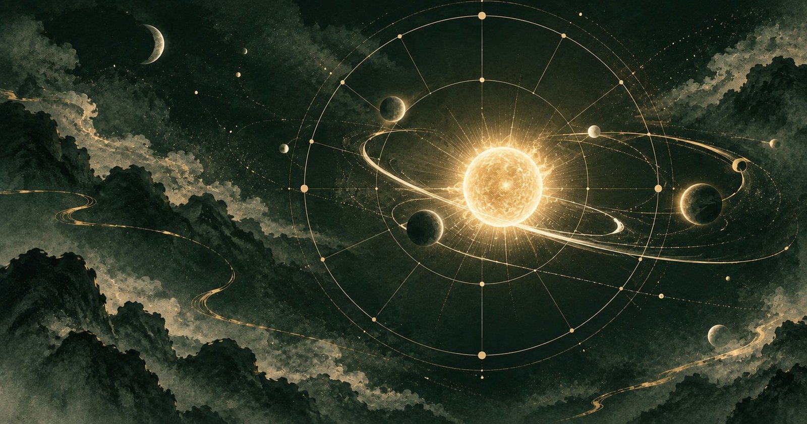 以太陽星 紫微斗數為主題的現代中式抽象星盤插畫