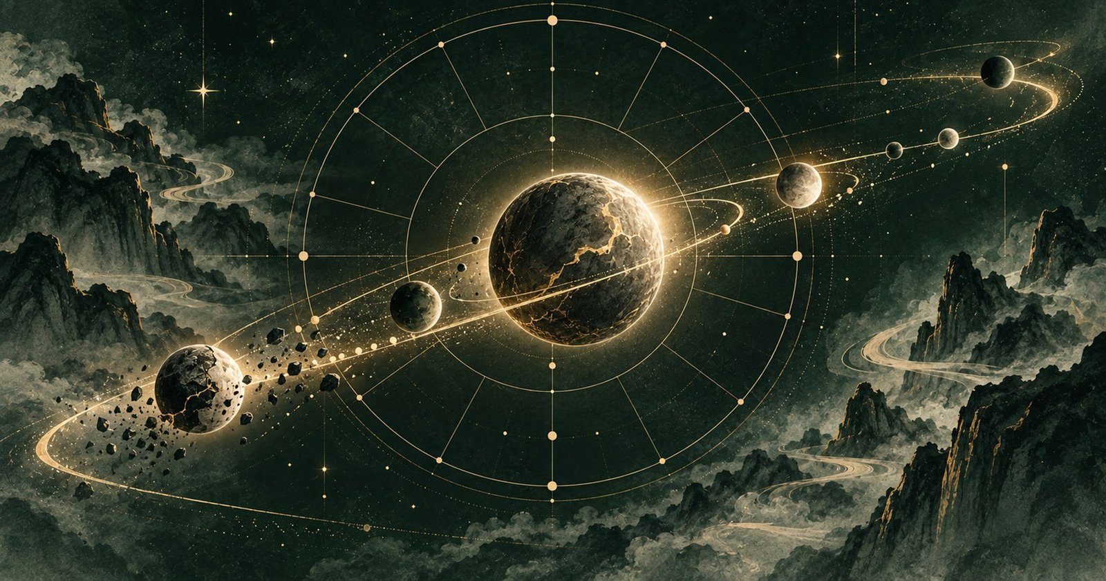 以武曲星為主題的現代中式抽象星盤插畫