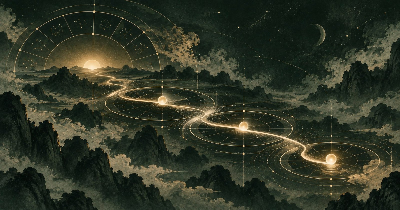 以紫微斗數大限流年一起看為主題的現代中式抽象星盤插畫