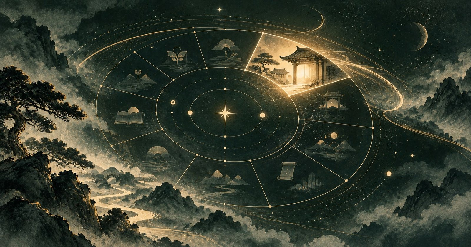 以紫微斗數父母宮為主題的現代中式抽象星盤插畫