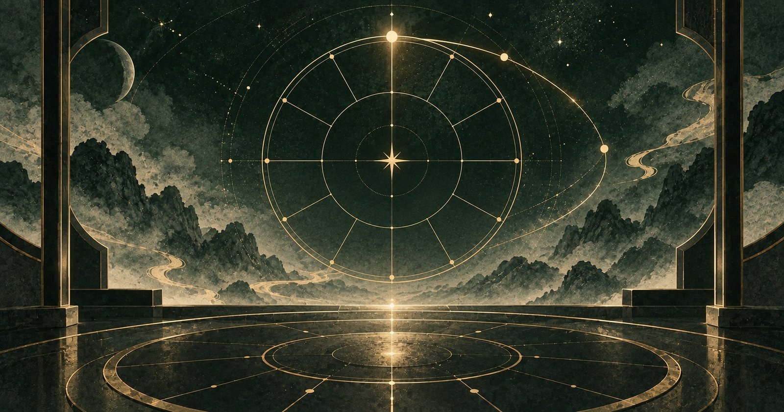 以紫微斗數宮位星曜怎麼看為主題的現代中式抽象星盤插畫