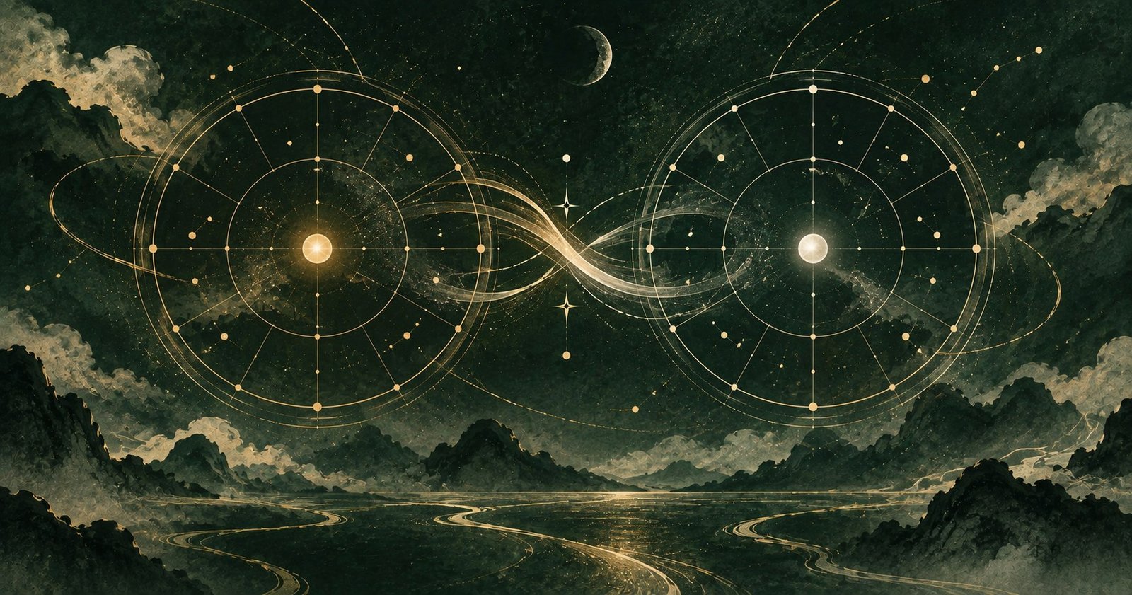 以紫微合盤怎麼看為主題的現代中式抽象星盤插畫