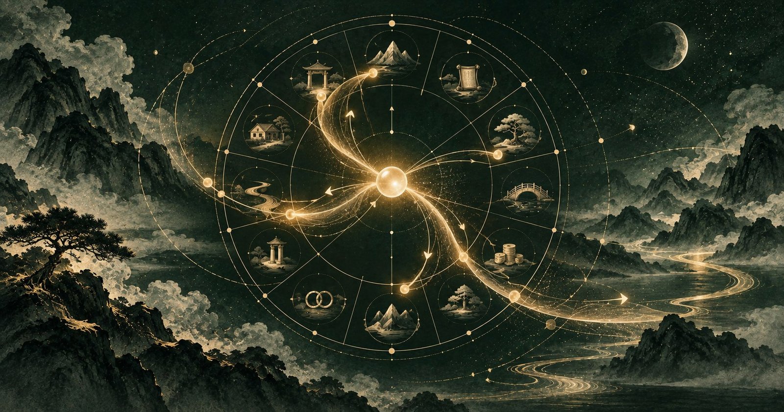 以紫微斗數化祿為主題的現代中式抽象星盤插畫