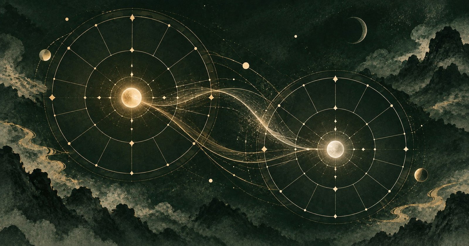 以紫微斗數看感情為主題的現代中式抽象星盤插畫