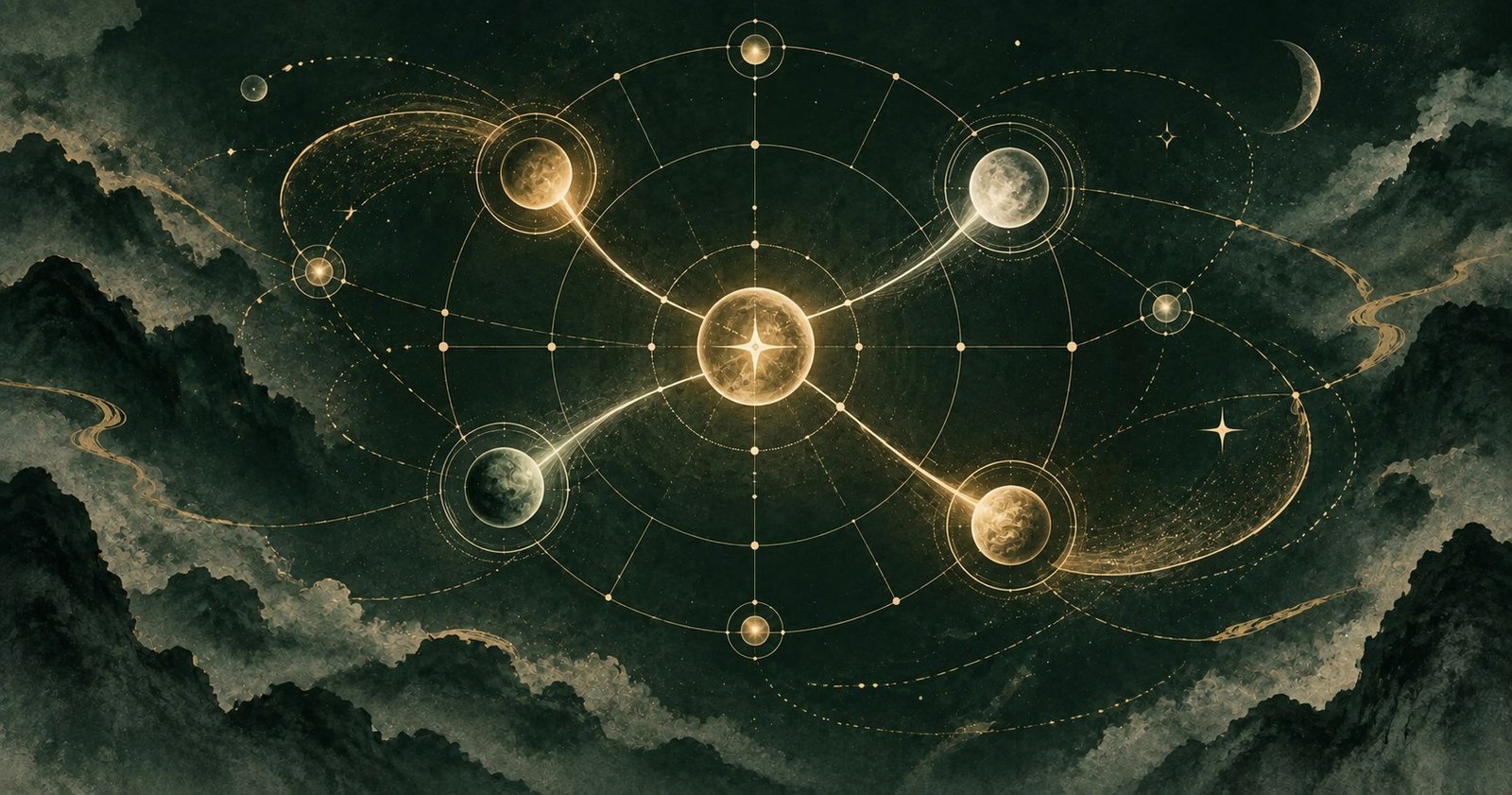 以紫微斗數看人際關係為主題的現代中式抽象星盤插畫