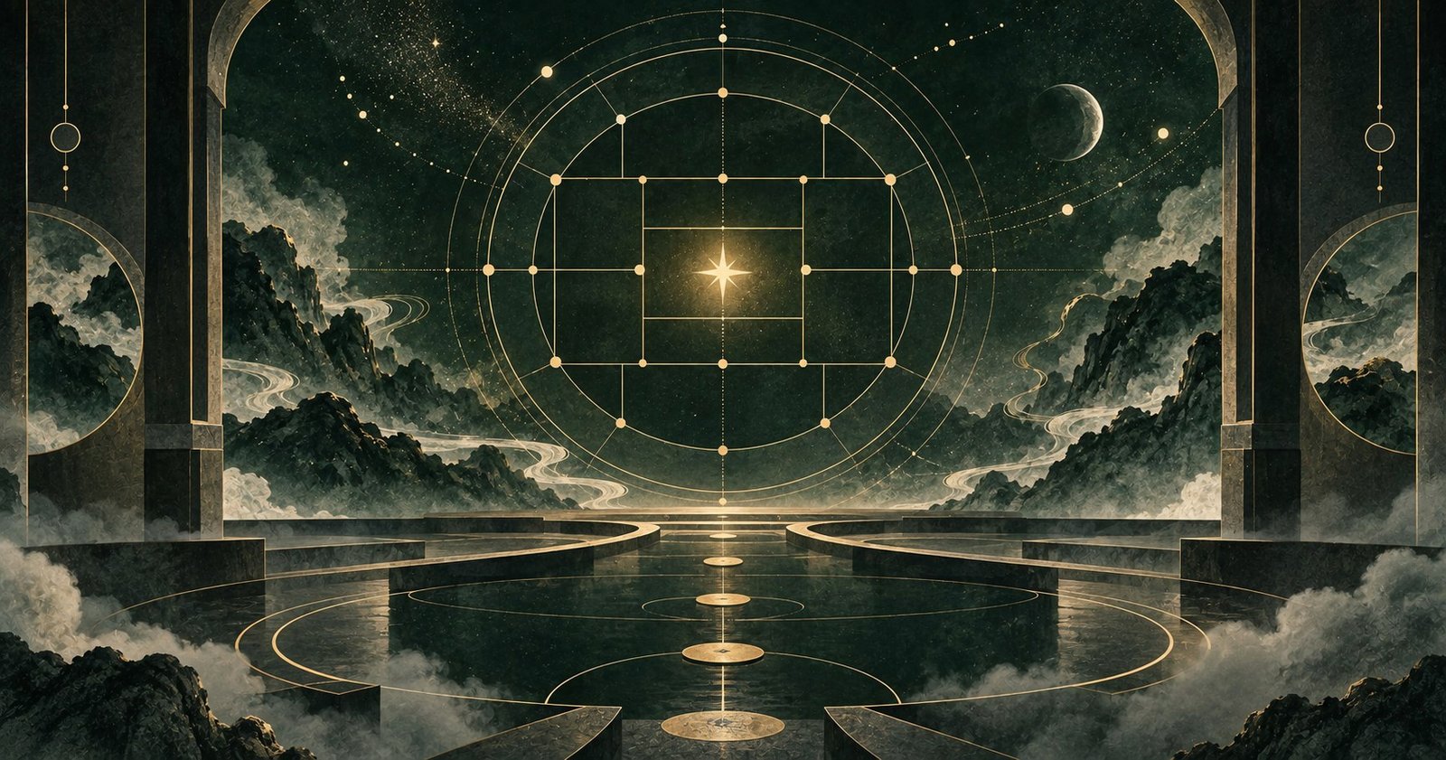 以紫微斗數看盤順序為主題的現代中式抽象星盤插畫