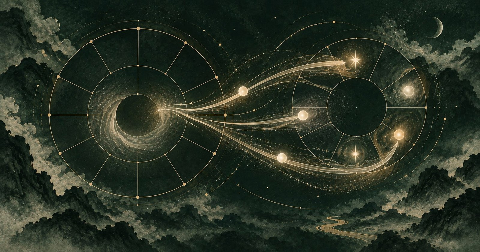 以紫微斗數空宮為主題的現代中式抽象星盤插畫