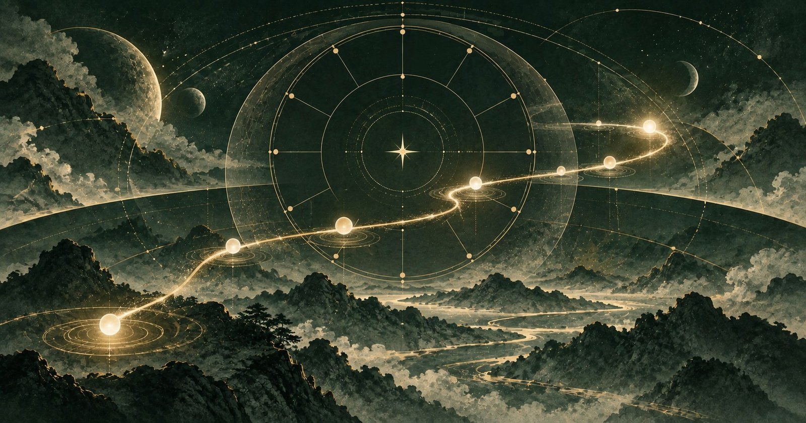 以紫微斗數流年為主題的現代中式抽象星盤插畫