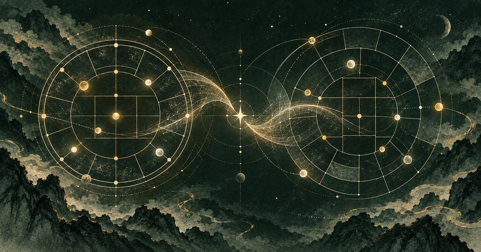 以不同網站紫微命盤不同為主題的現代中式抽象星盤插畫