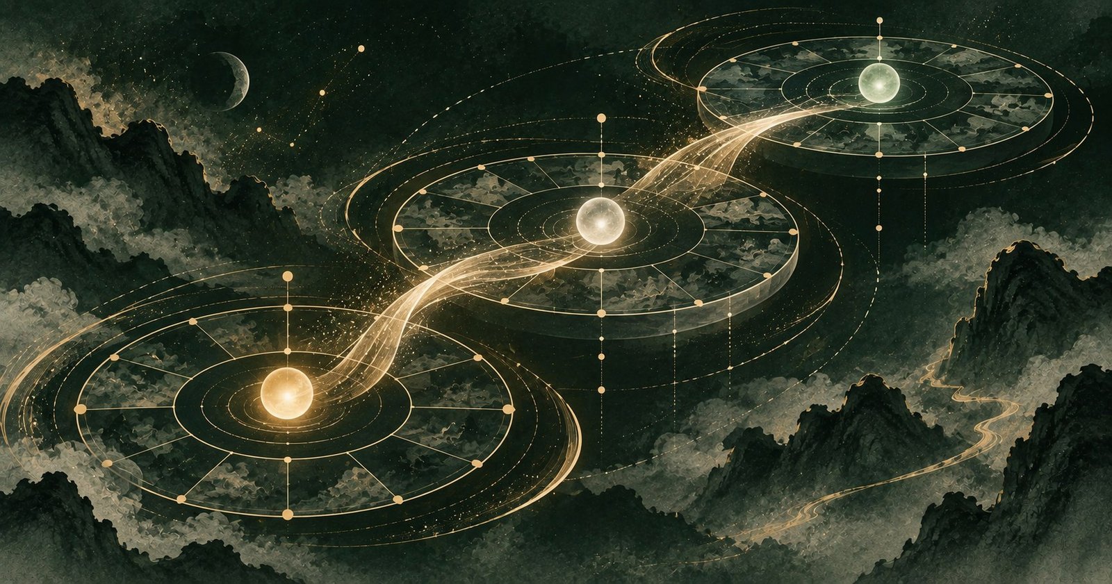 以生年四化 大限四化 流年四化為主題的現代中式抽象星盤插畫
